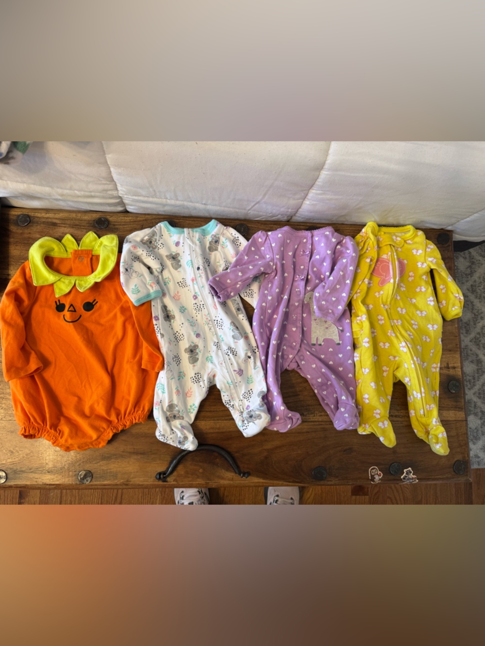 Newborn/0-3 months Baby Pumpkin Orange Romper + 3 Mixed Printed Sleepers Girl